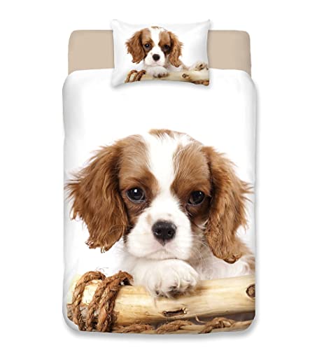 HOMHOMHA Single Duvet Cover Set -White Dog Print Bedding Set for Single Bed - 100% Microfibre Bed Cover with Hidden Zip-135x200 cm -50x75 Pillowcases