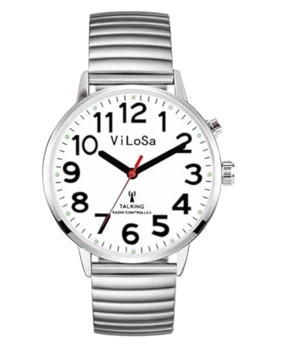 ViLoSa Ladies English Talking Watch Speaks The Time, Date or Alarm time for Elderly, Impaired Sight or Blind. with Luminous Display -White Face-Black Numbers with Stainless Expand Strap