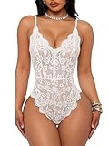 Buitifo Femmes Body en Dentelle Lingerie Sexy Teddy V Cou One Piece Babydoll Pyjama Négligé (Blanc M)