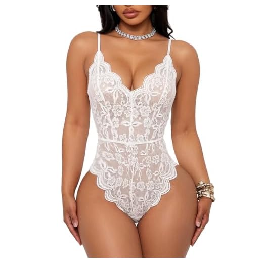 Buitifo Damen Lace Bodys V-Ausschnitt Babydoll Sexy Teddy Lingerie Frauen Unterwäsche (White XL)