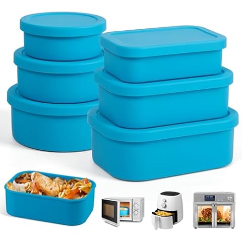 Nesting 100% Silicone Food Storage Containers with Lid & Measuring Line, 6 Pack, Leakproof Stackable Hard-Shell Silicone Containers for Food Lunch Snack, Microwave Oven Freezer Dishwasher Safe, Blue Cover