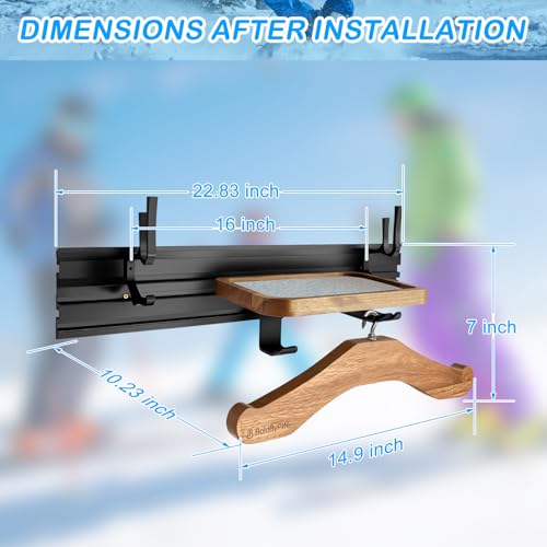 BoldByPIN Ski Storage Rack Multifunction Ski Snowboard Wall Mount Rack for Snow Board, Ski Boots, Gloves, and Clothes - Space Saving Ski Gear Organizer Rack