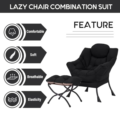 Image of LITA Lazy Chair with Ottoman, Modern Accent Leisure Upholstered Sofa Chair, Contemporary Lounge Reading Chairs with Armrests and a Side Pocket for Living Room, Bedroom & Small Space, Black