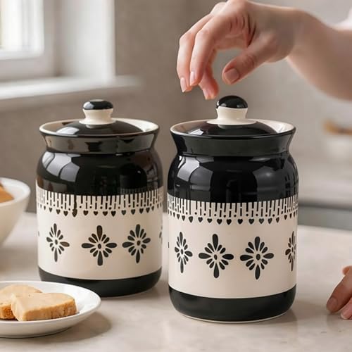 Image of Black Jhalar Ceramic Handglazed Pickle Jars Set of 2-1000 ML Each | 1 kg Achaar Martban Barni Jar with Lid | Ceramic Storage Jar Container Pickle /Achar, Chatney