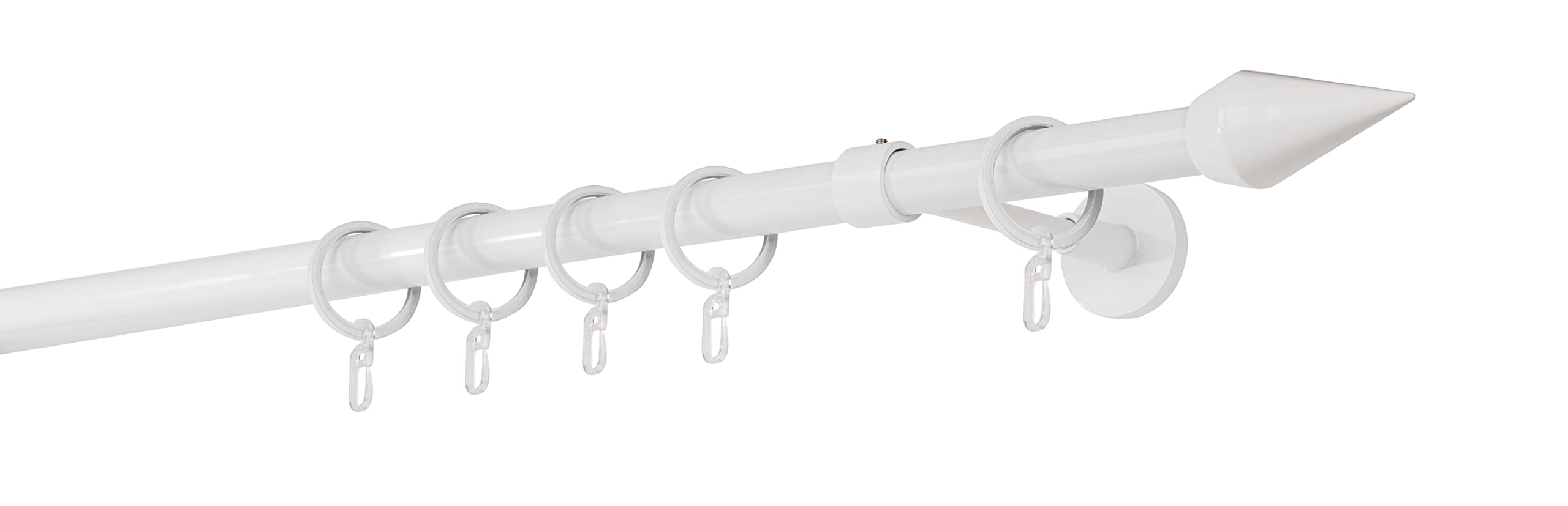 Gardinenstange auf Maß 20mm Kegel 1-lauf Vorhangstange Wandträger Deckenträger 14cm Stilgarnitur mit Ringen für Vorhänge Weiß 210cm