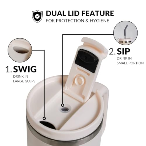 Image of Nestasia GripSip40 Tumbler with Straw & Side Handle 1.2L | Insulated Stainless Steel Sipper Water Bottle for Adults with Dual Flip Opening Sip-Swig Leakproof Lid for Office & Gym (Pearl White)