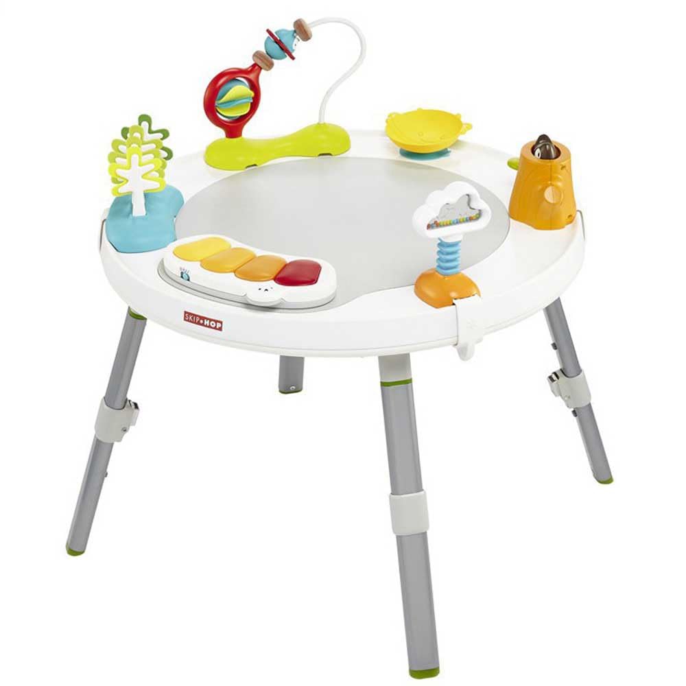 Skip Hop - Mesa de actividades escalable y rebote - Bebé de 4 meses y más - Juego de despertar para aprender a caminar - Asiento giratorio 360° rebotando + 25 actividades - Hebillas para atar juguetes