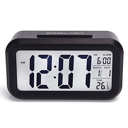 Digital Alarm Clock Table Clock for Students, Home, Office, Corporate with Automatic Sensor, Date & Temperature (Black Clock), Metal, 10 x 5 cm