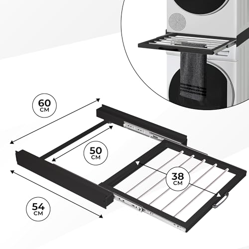 Vonia Zwischenbaurahmen Schwarz für Waschmaschine und Trockner – Stapelkit mit ausziehbarem Handtuchhalter – Metall, 60 x 54 x 7,5 cm – Tragkraft bis 100 kg