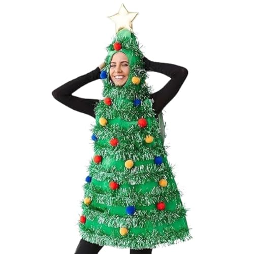 YUWETAO Women Christmas Tree Costume Sleeveless Hooded Dress with Colorful Ball Green Tinsel Adults Cosplay Outfit(Green One Size)