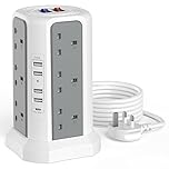 Tower Extension Lead with USB Slots and 18W USB C Fast Charger, (13A 3250W) 5 USB Ports and 12 Way Extension Tower, Surge Protected Extension Cable for Home, Office (Grey and White, 1.8M)
