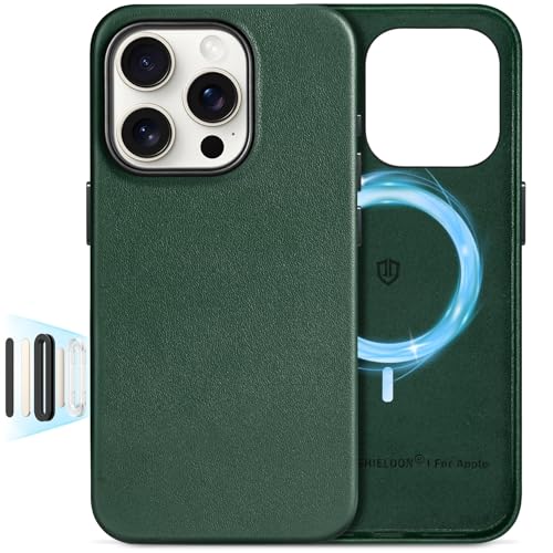 SHIELDON Lederhülle für iPhone 16 Pro Handyhülle [Kabelloses Laden] [Kamerasteuerung] [Stoßfest] [Dünn] [Leicht] Schutzhülle Cover Hüllen Kompatibel mit iPhone 16 Pro 5G 6 3 2024 Immergrün