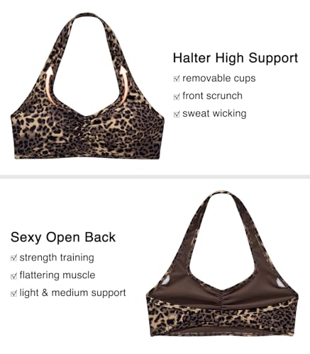 Image of OMKAGI Halter Sports Bras for Women Open Back Workout Bras Padded Yoga Bra Gym Tops