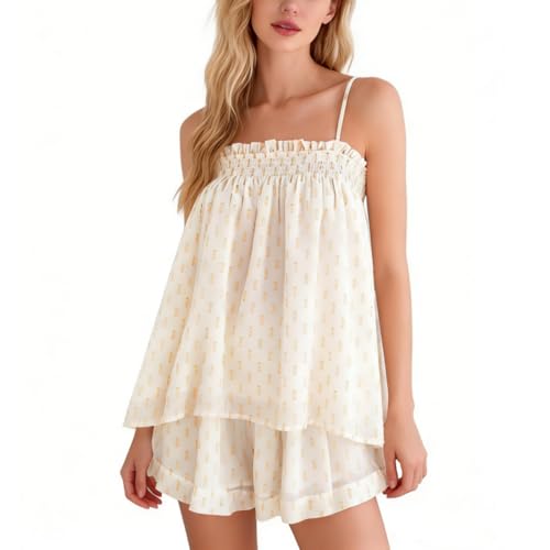 Image of Yuemengxuan Women 2 Piece Casual Lounge Set Sleeveless Strappy Tie Back Cami Top Wide Leg Shorts 2Pcs Summer Pj Set Beachwear