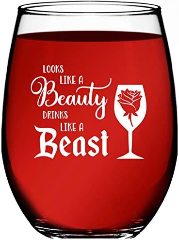 Best Friend Gifts For Women – Looks Like A Beauty Drinks Like A Beast – Wife Gifts – Disney Princess Inspired 15 OZ Stemless Wine Glass For Women by Funny Bone Products