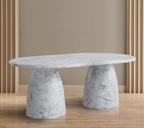 Image of Meridian Furniture 702White-T Cosenza Collection Art Deco 78 inch Indoor /Outdoor Concrete Dining Table with White Marble Finish, 78 inch W x 44.5 inch D x 30 inch H, White