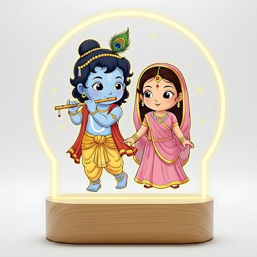 Image of Giftplease Radha Krishna LED Night Light - Cute Chibi Devotional Table Lamp with Warm Glow - Printed Spiritual Decor for Home Mandir, Kids' Bedroom & Office - Ideal Diwali or Housewarming Gift GL 20