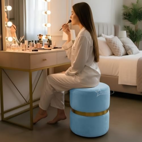 Image of Round Single Strip Upholstered Stool Living Room Foot Rest Linen Fabric Padded Seat Pouf Ottoman Office Stool (Sky Blue)
