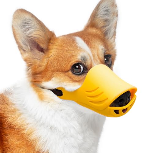 LUCKYPAW Dog Muzzle, Soft Duck Silicone Mouth Cover with Adjustable Strap for Small Medium Dogs, Best to Prevent Barking, Biting, and Chewing(Yellow,S)