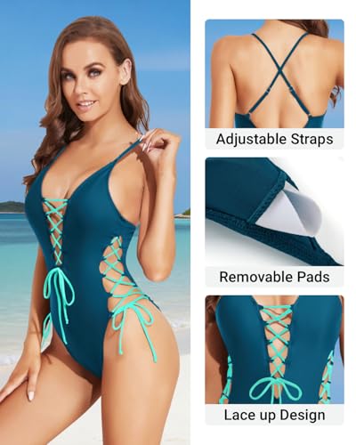 Image of Tempt Me Women Sexy Lace Up One Piece Swimsuit Deep Plunge V Neck High Cut Bathing Suits