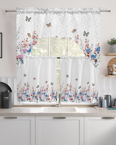 Spring Florals Swag Kitchen Curtain Sets with Valance,3 Pieces Rod Pocket Curtain Drapes for Bedroom Bathroom Cafe Windows,Luxury European Butter-fly Retro Flower 56''x36''&24''x27.5''x2Panels