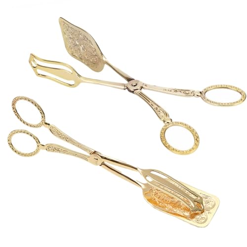 Gsycle 2PCS Gold Serving Tongs, Zinc Alloy Buffet Bread Clip Serving Salad Food Tongs for Serving Food Bread Cake, 23cm/9.1in x 5cm/2.0in