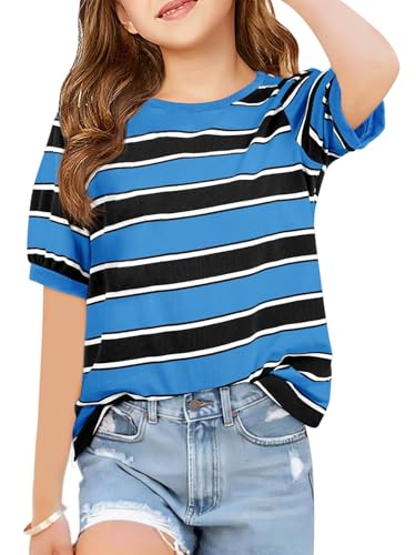 Image of Haloumoning Girls Striped Short Sleeve T Shirts Kids Summer Casual Tops Crewneck Tees Blouses 5-14Y