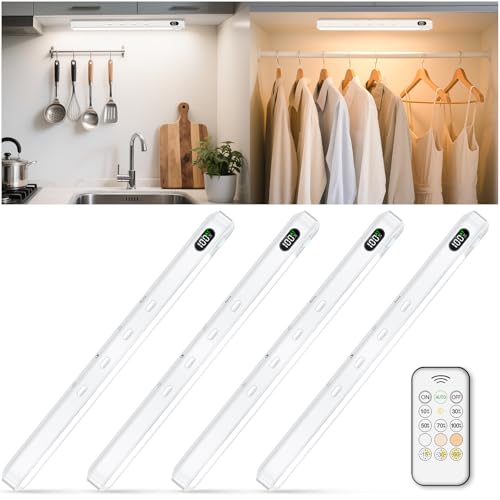 Image of WILLED Under Cabinet & Closet Lights with Remote, Motion Sensor, Rechargeable, Magnetic, 3 Color Temps, Dimmable LED Light Bar for Indoor Kitchen Counter (4 Pack, White)