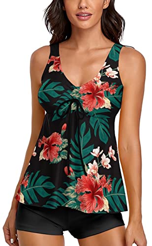 Image of Modest Tankini Swimsuits for Women Two Piece Bathing Suits Floral Print Tank Top with Boyshorts Tummy Control Swimming Suits