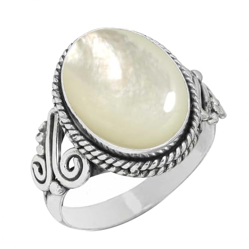 Jeweloporium Nacre Blanche Bague Recouverte d'Argent Taille 60, Bague en Argent .925 pour Femmes, Bijoux Bohème avec Pierre Précieuse Ovale Massive Véritable
