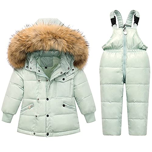 JELEUON Baby Girls and Boys Winter Warm Hooded Fur Trim Zipper Snowsuit Puffer Down Jacket with Snow Ski Bib Pants (C-Green, 1-2T)