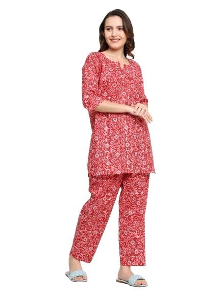 Image of Cotton Printed Co-Ord Set for Women - Nightwear Pajama Set with Pockets | Soft & Breathable Two-Piece Outfit for Sleep & Lounge