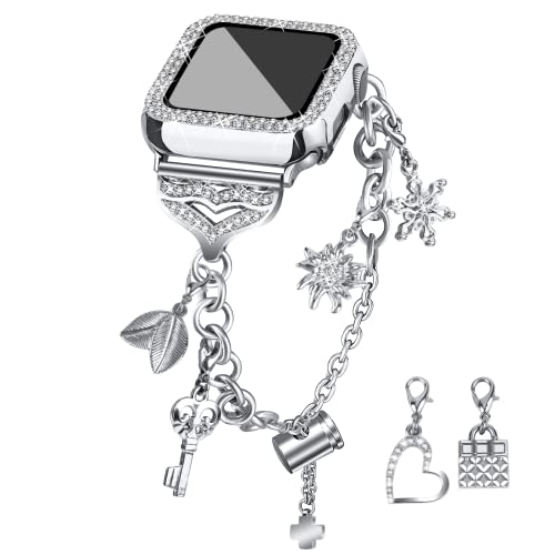 JOYOZY Band Compatible with Apple Watch 38mm 40mm 41mm 42mm 44mm 45mm 46mm, Bling Strap with Glitter Case Built-in Screen Protector, Interchangeable Charms Dressy Bracelet for Women