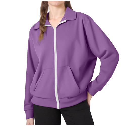 Sudaderas con cremallera y bolsillos para niñas de 5 a 15 años – Sudadera de gran tamaño con cremallera lisa de manga larga para la escuela, sudadera con capucha para invierno y otoño, A17 Morado, 11