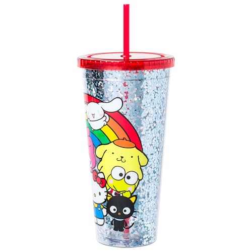 Image of Silver Buffalo Sanrio Hello Kitty and Friends, Plastic Cold Cup, 32oz | Cinnamoroll, Badtz-Maru, My Melody, Tuxedo Sam, Chococat Confetti, Lid, Straw, Pompompurin, Rainbow, 0.95 Liters