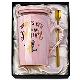 Doublewhale Gifts for Mum from Daughter Son - World's Best Mum Coffee Mug - Mums Birthday Gifts for Mummy, 14Oz Ceramic Coffee Cup Gift Set with Gold, Lid, Spoon, Card, Exquisite Box