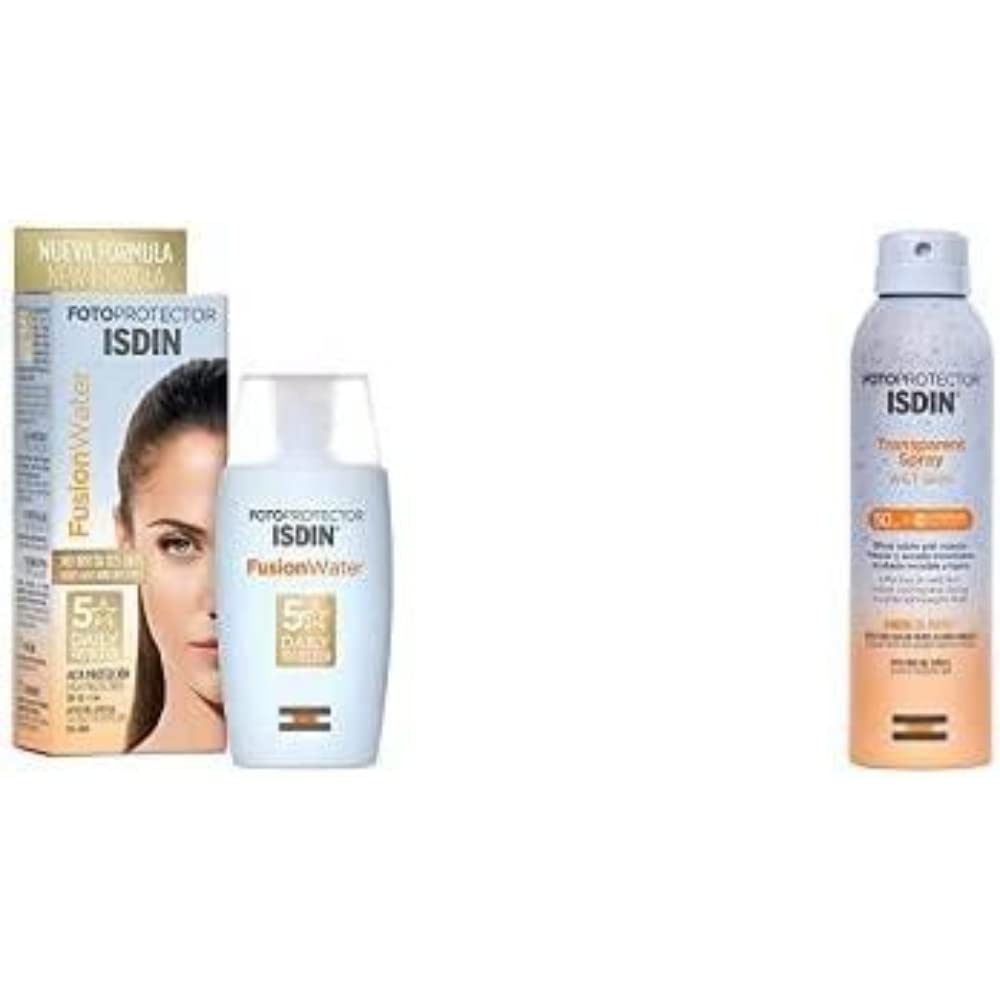 ISDIN Fusion Water Fotoprotector Facial SPF 50, de Fase Acuosa para Uso Diario, Textura Ultra Ligera + Fotoprotector ISDIN Transparent Wet Skin SPF 50, Spray transparente, Ginger Cell Protect 250 ml