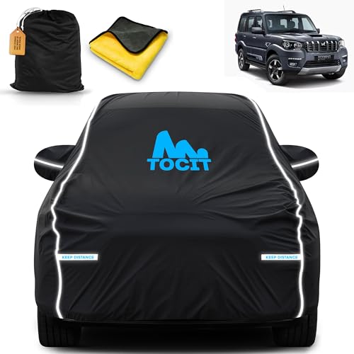 Image of Scorpio Classic Waterproof Long Life Car Cover with Safety Glow Reflective Strap, Premium Stretchable Velvet Velour Fabric, Machine Washable, Tri-Stitch Custom Fit with Mirror Pocket