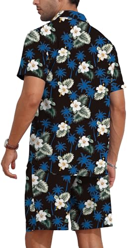 YTD Mens Flower Hawaiian 2 Piece Outfit Sets Short Sleeve Beach Casual Button Down Shirt and Shorts Suits4
