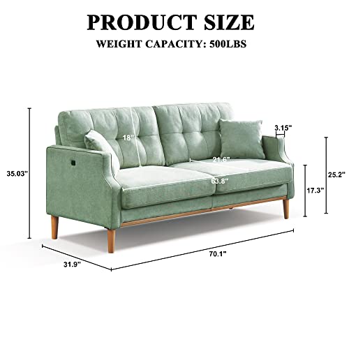 70" Mid-Century Modern Loveseat With 2 Throw Pillows, Oversize Lover Seat Sofa For Living Room With Solid Wood Leg, Upholstered Couch With Usb Charging Ports For Small Space, Dorm, Apartment（Green） #TOP2