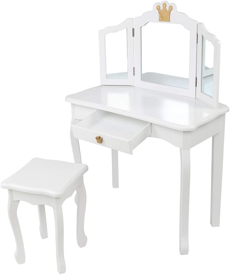 LIBOOI Kids Vanity Table and Chair Set, Modern White Wooden Makeup Vanity with Tri-Folding Mirror and 1 Drawer, 13.54 inches (D) x 27.48 inches (W) x 42.13 inches (H), Childrens Vanities