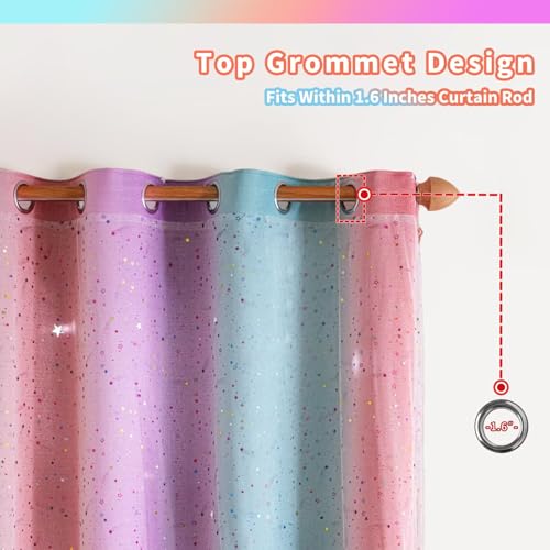 Image of 52x95 Mix & Match Double Layer Laser-Cut Stars Gradient Blackout Curtains with Foil Print Sheer, 2 Panels Set - Purple Green Pink