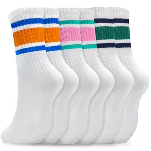 Image of Pilates Socks for Women Non Slip, Cotton Crew Grippy Yoga Socks with Grips for Maternity Hospital Workout, 3 Pairs