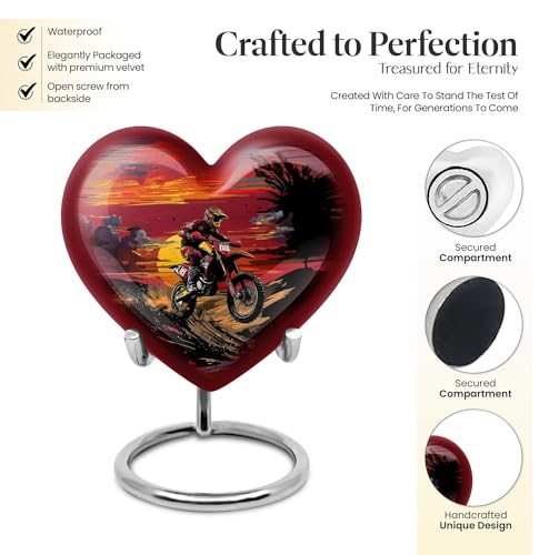 Image of Motorcycle Large Funeral Urns for Human Ashes Adult Female - Bike Cremation Ash Holder - Memorial Biker Urn for Dad - Ashes Memorial Urn - Heart Urns for Women & Men Adults 8 Inch