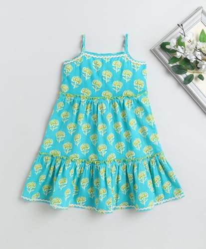 Image of The Magic Wand Kids Girls Printed Casual Dresses, Knee Length Singlet Strap Fit & Flared Cotton Once Piece Stylish Frocks for Summer Season