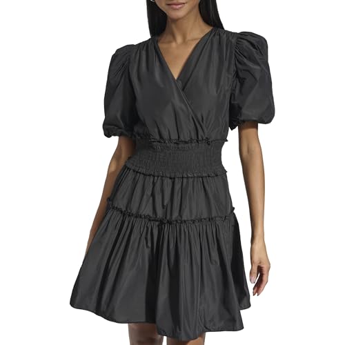 KARL LAGERFELD Robe en taffetas à manches courtes et col en V pour femme, noir, 40