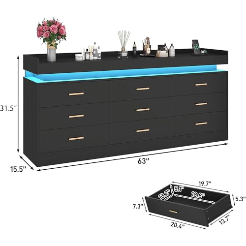 Image of Hlivelood 9 Drawer Dresser with LED Light and Charging Station, 63 inch Modern Chest of Drawers for Closet, Wide Drawer Organizer Cabinet for Bedroom, Living Room, Entryway, Hallway, Black