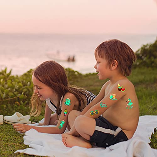 Luminous Temporary Tattoos Stickers For Kids 113 Pieces Mixed Style Glow In The Dark Summer Slipper Sunglasses Ice Cream Flamingo Pineapple Tattoos Hawaii Beach Glow Party Supplies Gifts For Children Boys Girls #TOP1