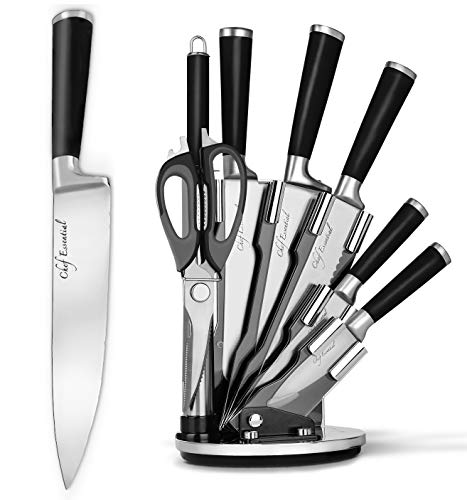 Knife Set with Rotating Block, Best Kitchen Gift, Stainless Steel, Includes Cleaver, Chef