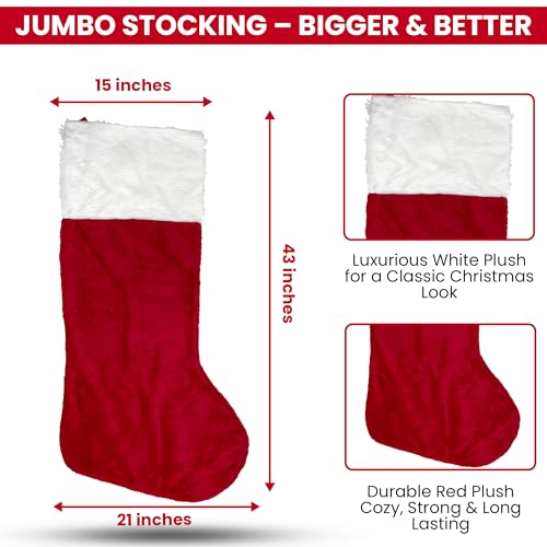 Iconikal Jumbo Christmas Stocking Red Plush 43-Inch Tall White Cuff Large Gift Holder with Hanging Loop Mantel Holiday Décor - Thumbnail 6